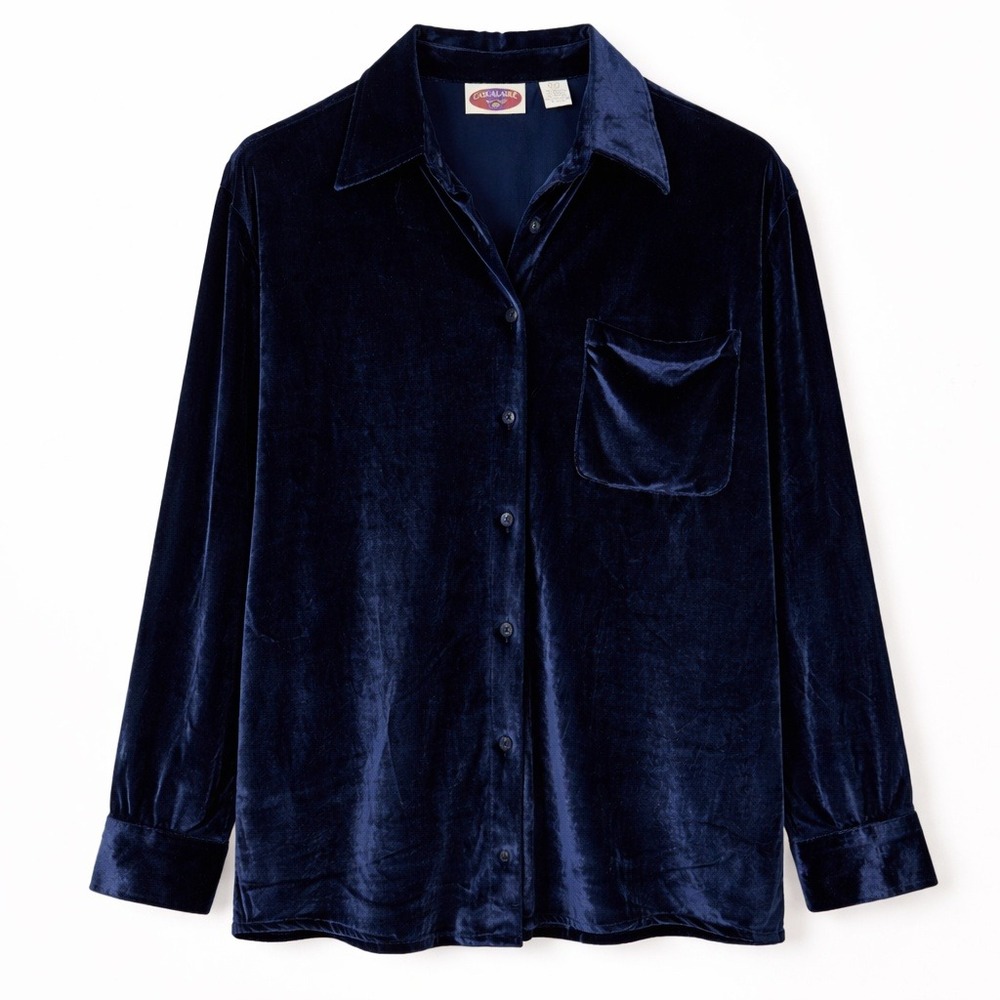 VTG Casualaire Navy Blue Crushed Velvet Button Down Shirt M Witchy Whimsigoth